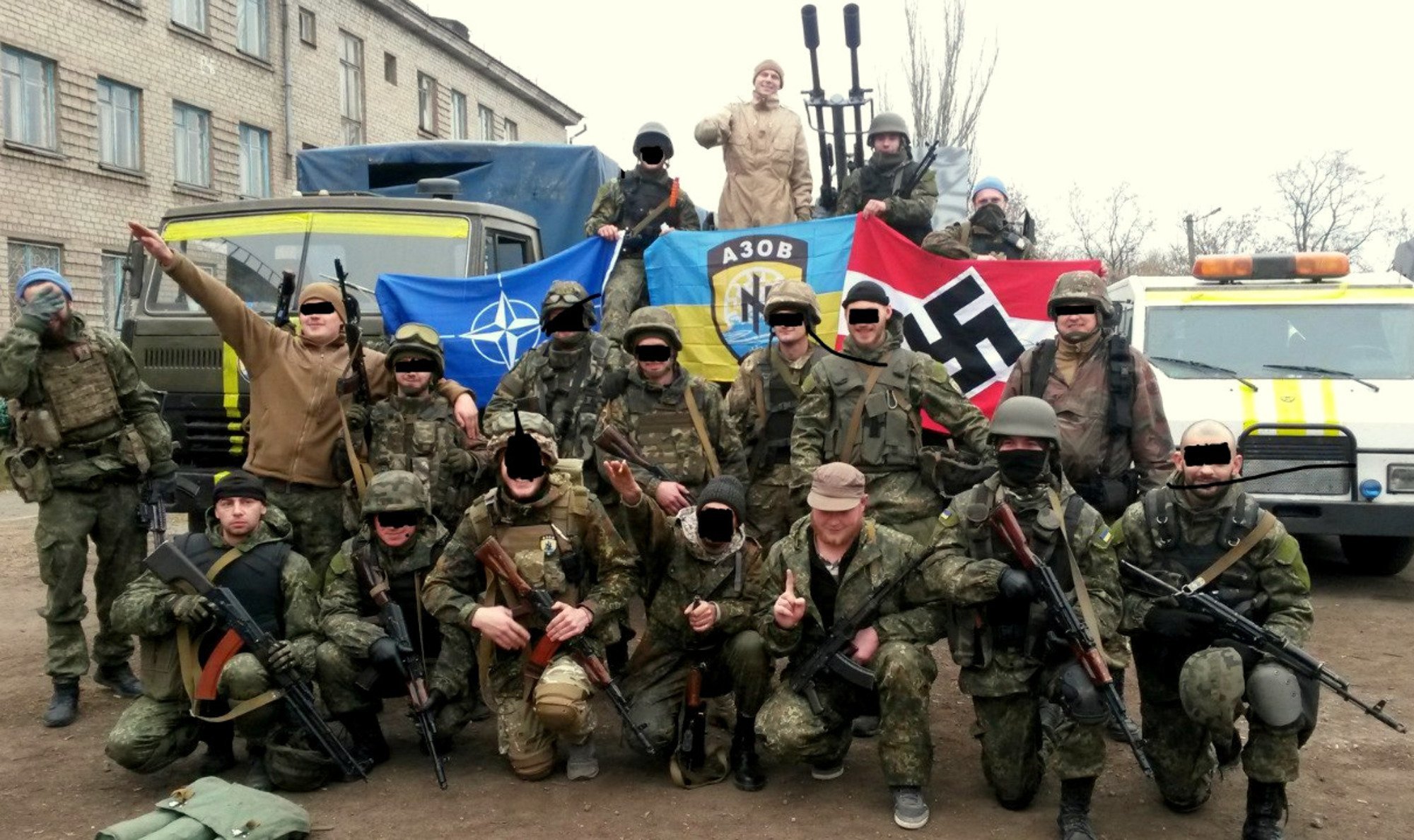 Ukraine officially incorporated this overtly Nazi militia into its military after the Russians annexed Crimea. I'm not saying invading Ukraine was an appropriate way to "de-Nazi" the country, but they clearly have some work to do with their own far right elements. Nuance!